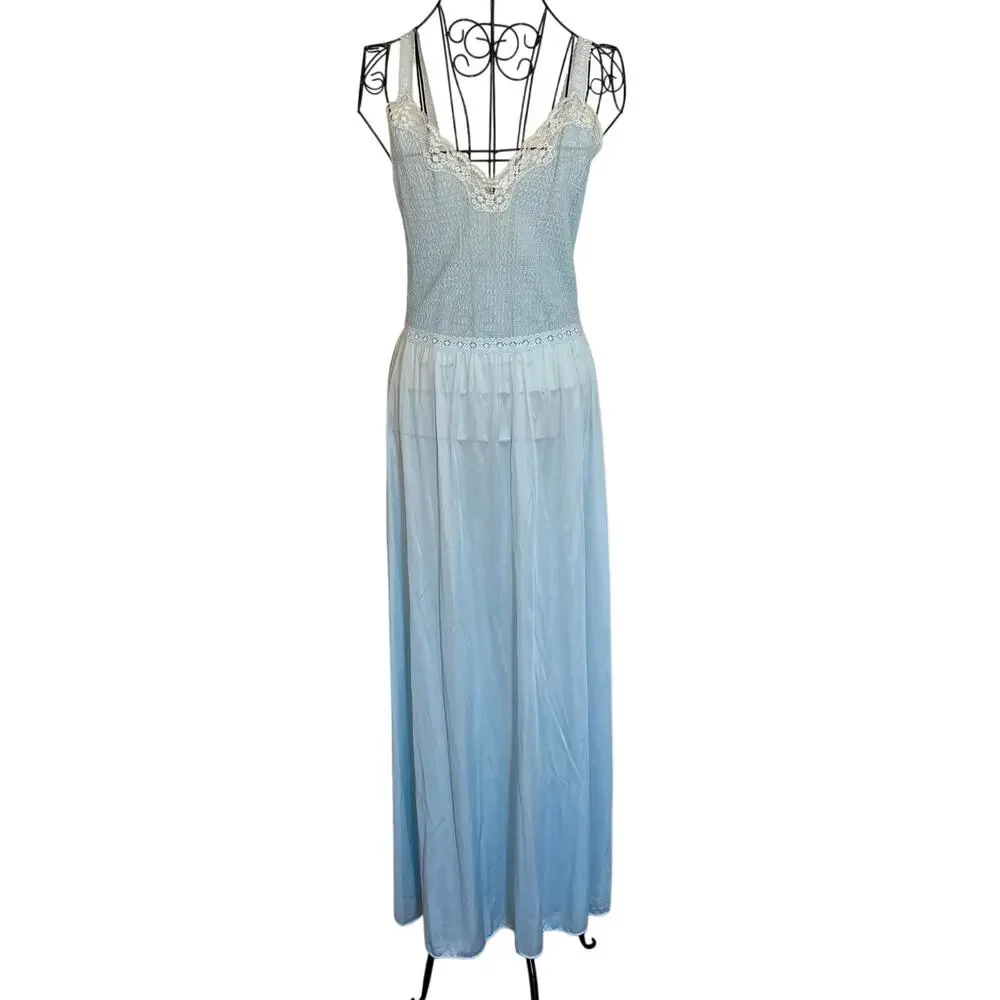 Vintage 60's Vanity Fair Smocked Lace Satin Nightgown Fairy Coquette Feminine